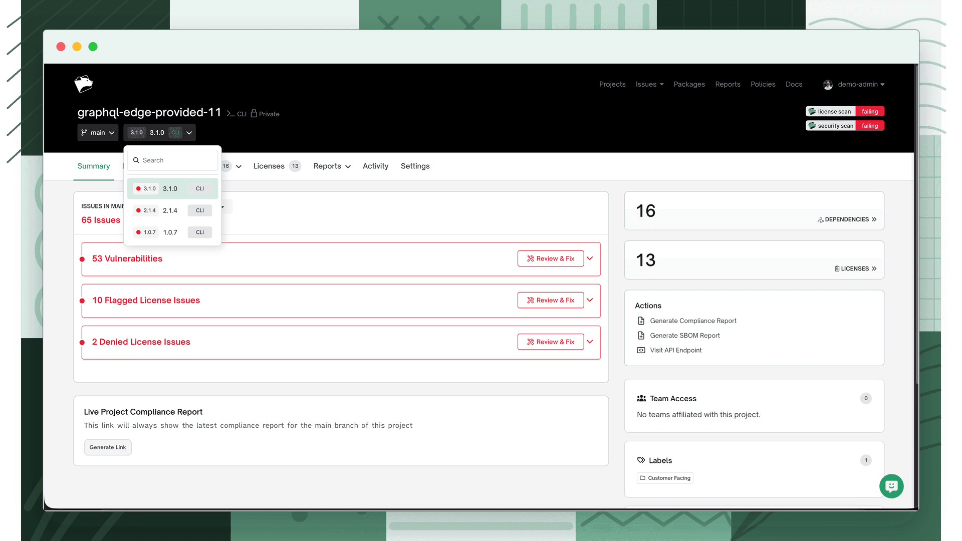 Project summary page with the revision selector dropdown open, showing a searchable list of past revisions