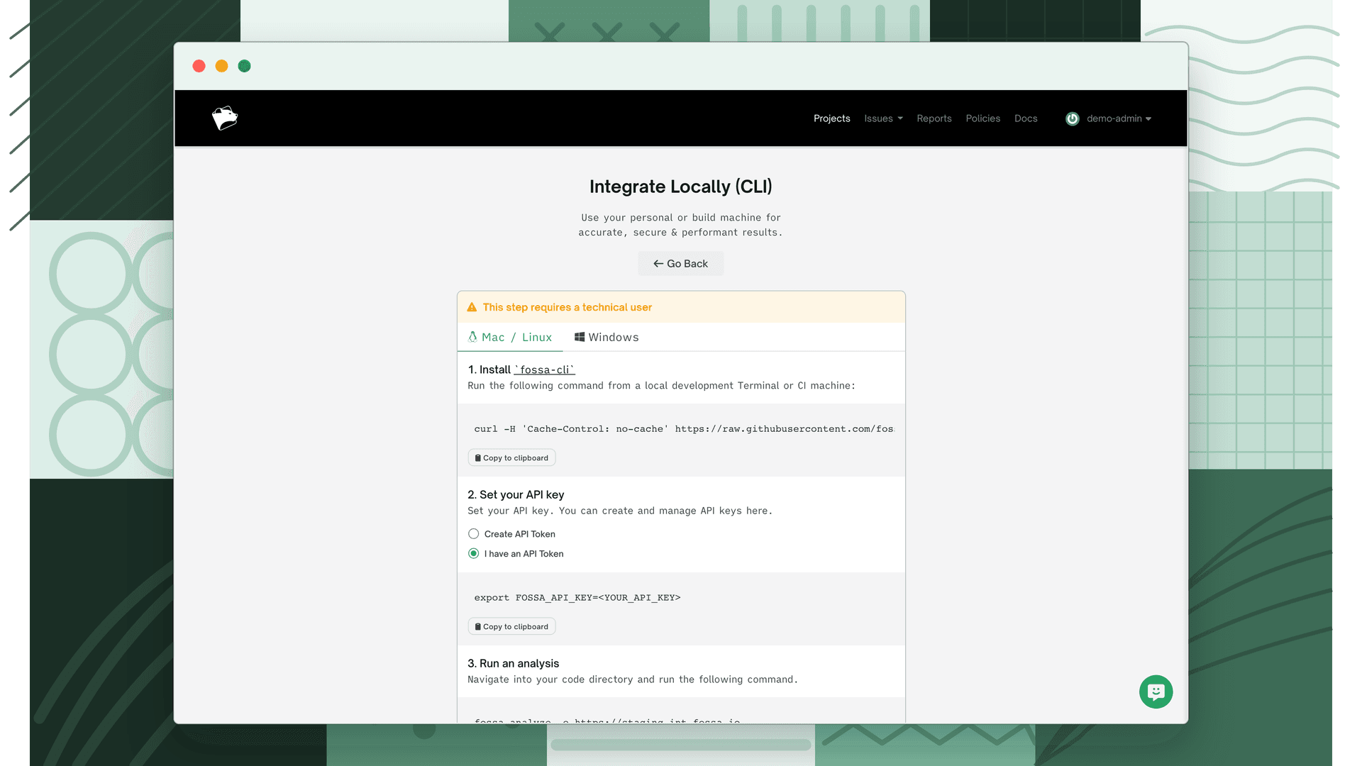 FOSSA in-product CLI guide showing steps to install fossa-cli, set an API key, and run an analysis
