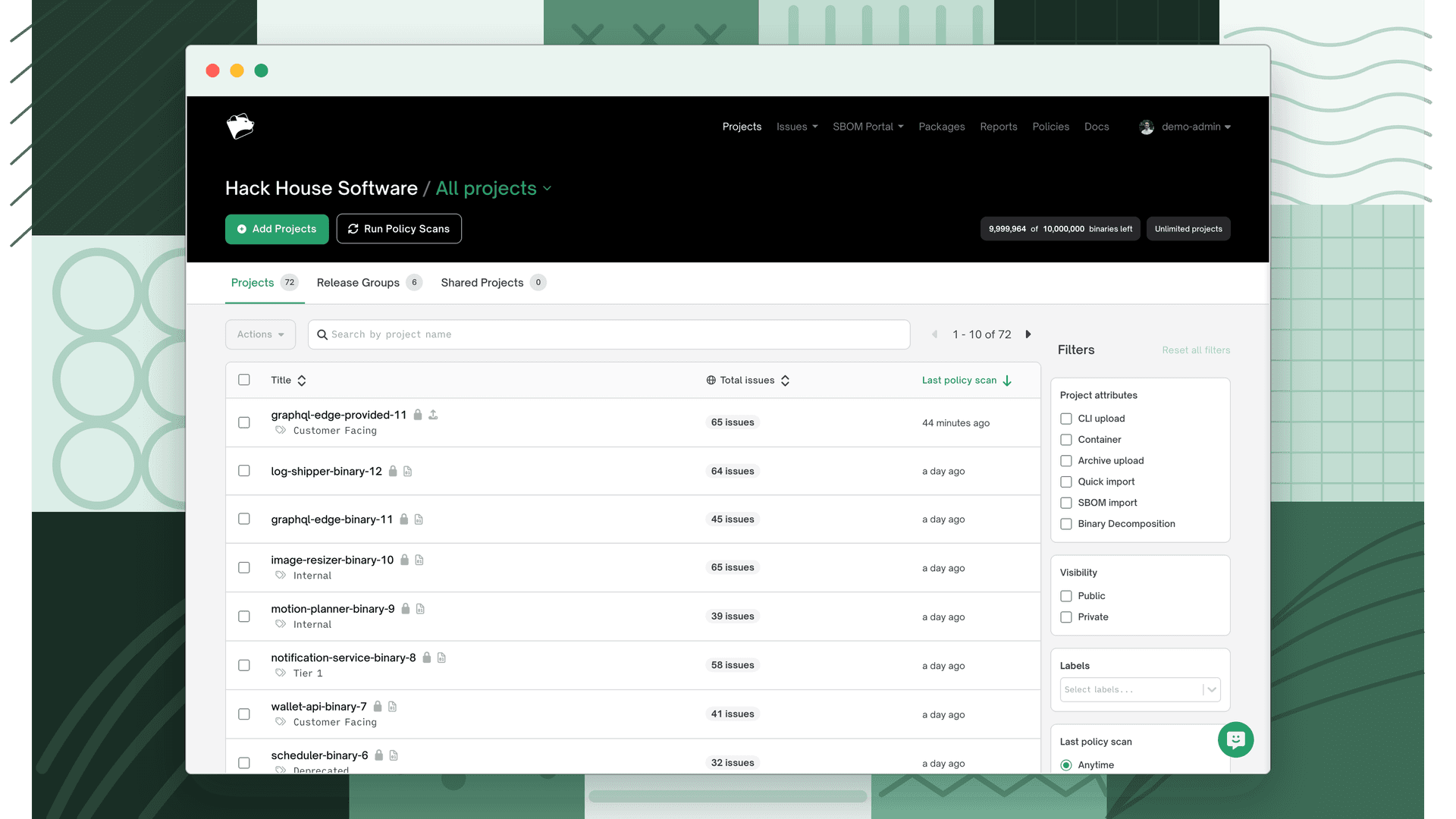 Projects dashboard showing label chips on project rows and the Labels filter dropdown in the filter panel