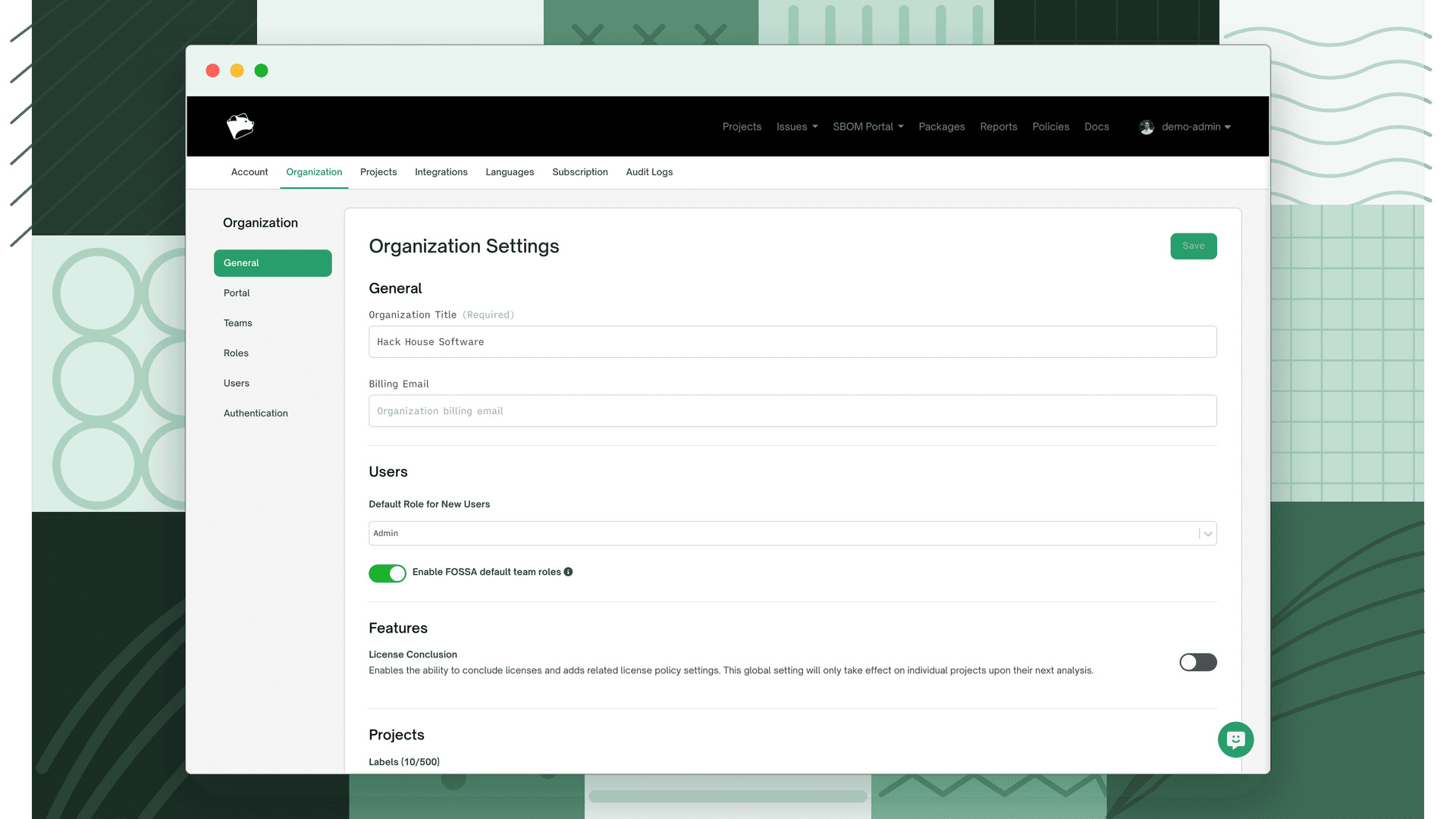 Organization General Settings page showing the Projects section with Labels management