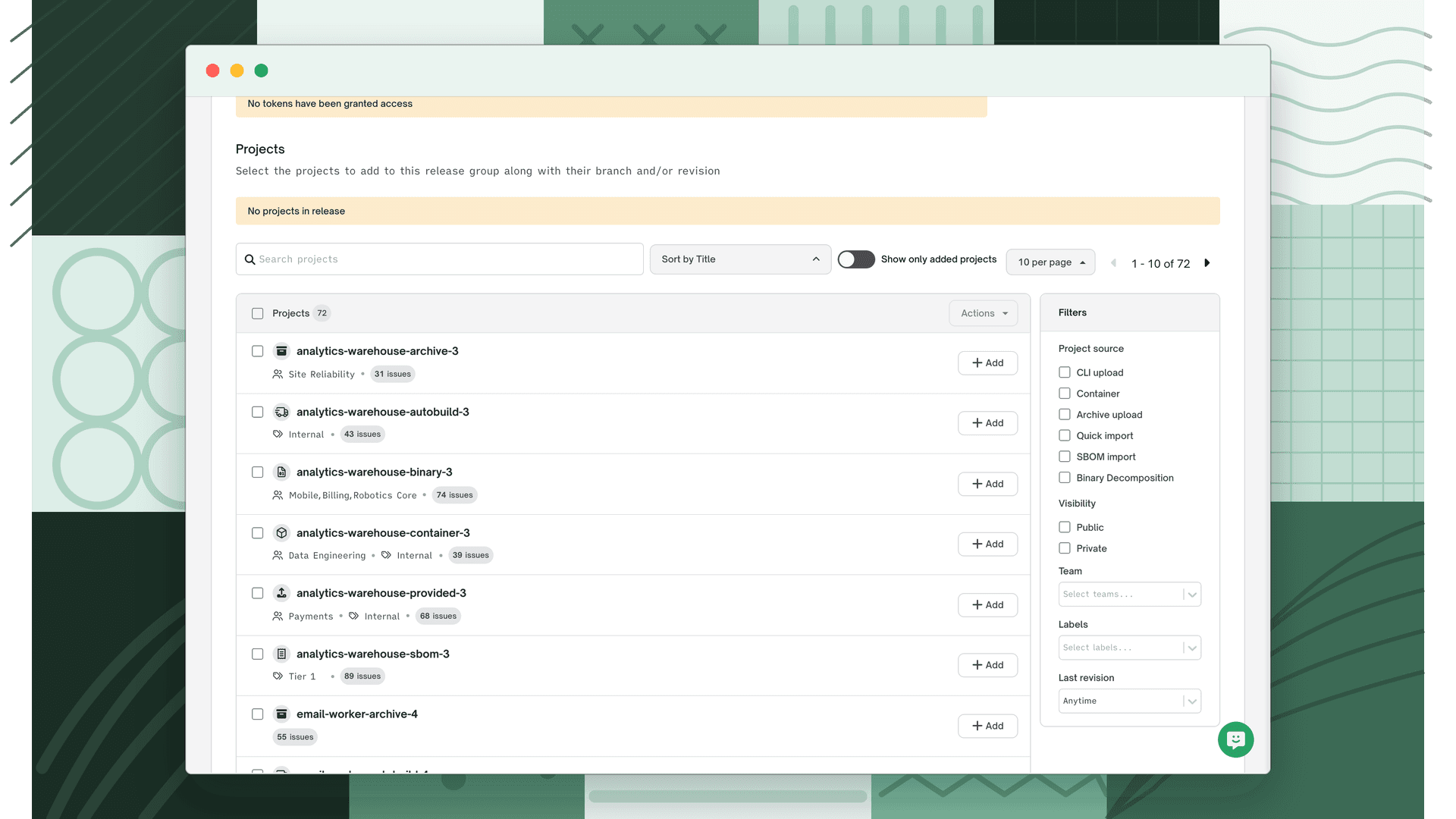 Projects list with Add buttons for adding projects to the release group