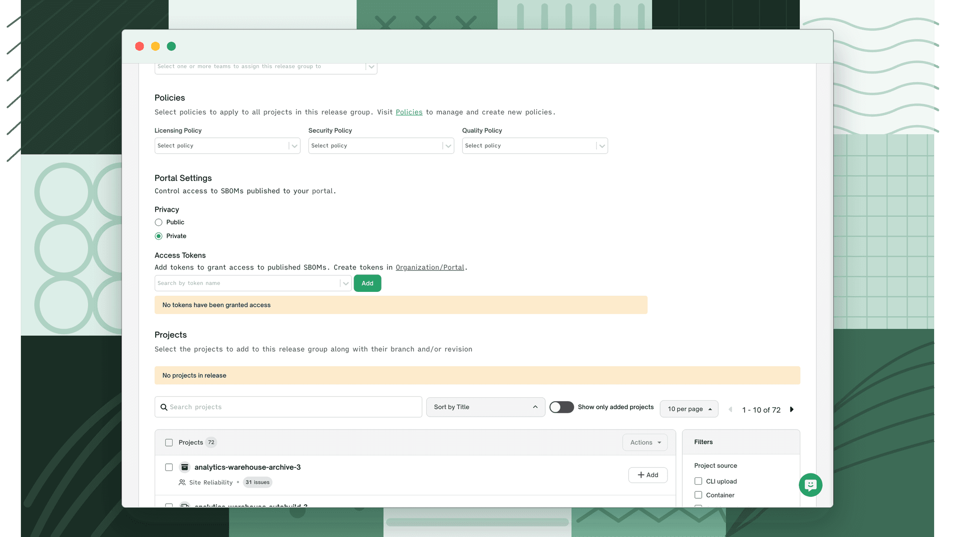 Licensing, Security, and Quality policy selectors