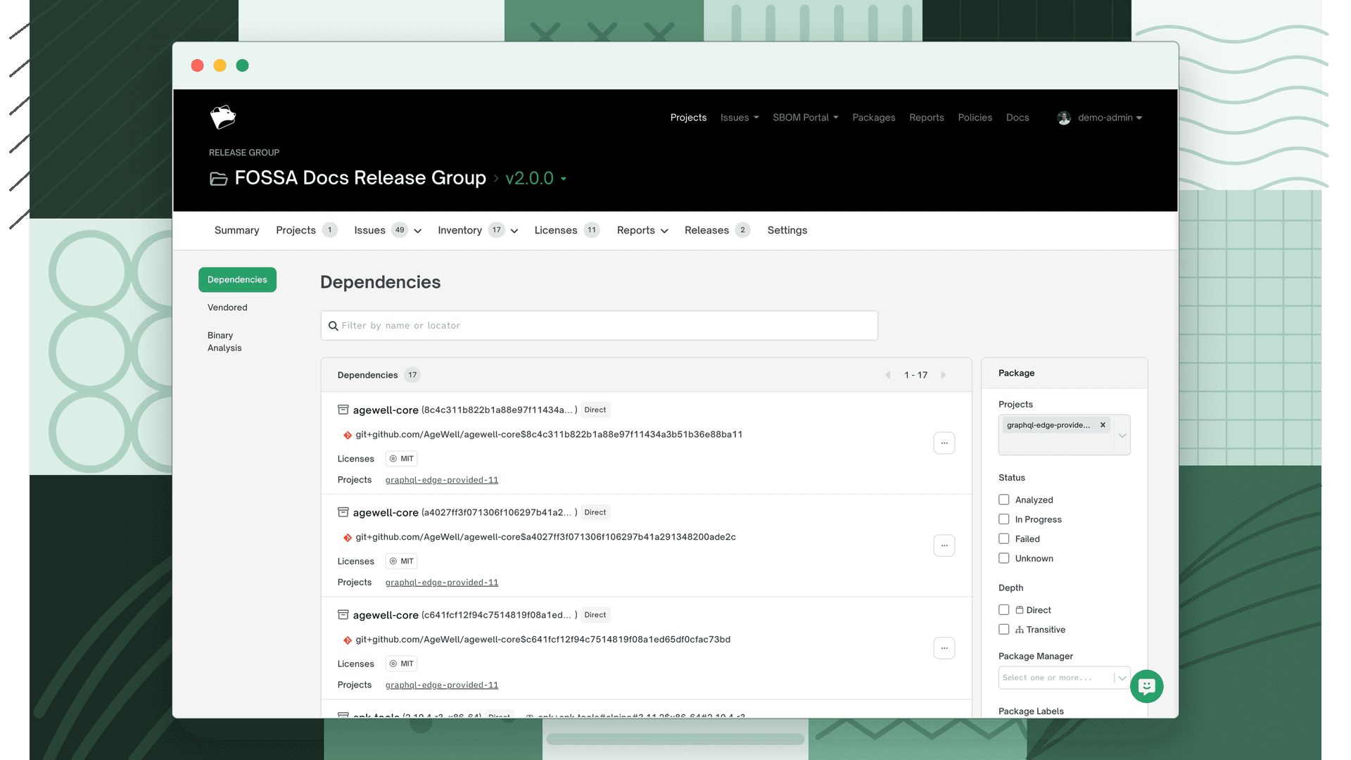 Release group Inventory tab showing 17 dependencies with package locators, license detections, and project links, alongside a filter panel for depth, status, and package manager