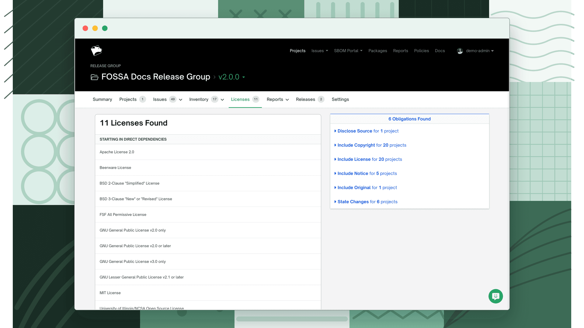Release group Licenses tab showing 11 licenses found starting with direct dependencies, alongside an Obligations panel listing 6 obligations including Disclose Source, Include Copyright, and Include License