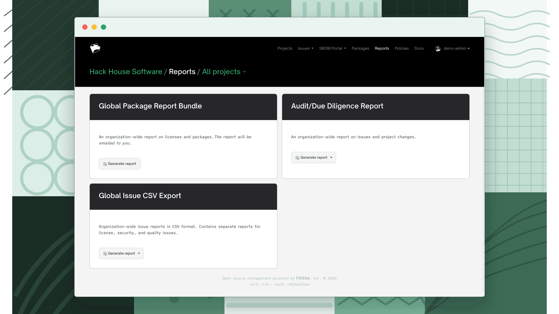 Organization Reports dashboard with cards for the Global Package Report Bundle, Audit / Due Diligence Report, and Global Issue CSV Export
