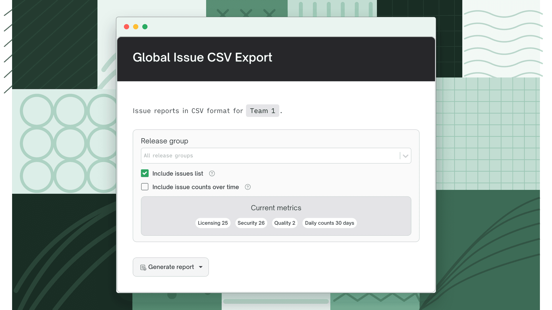 Global Issue CSV Export card with a team selected, showing the Release group picker, the Include issues list and Include issue counts over time checkboxes, and the Current metrics panel