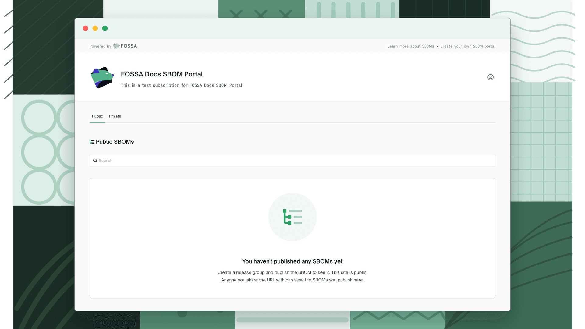 Public SBOM Portal page with Public and Private tabs, branded for the publishing organization