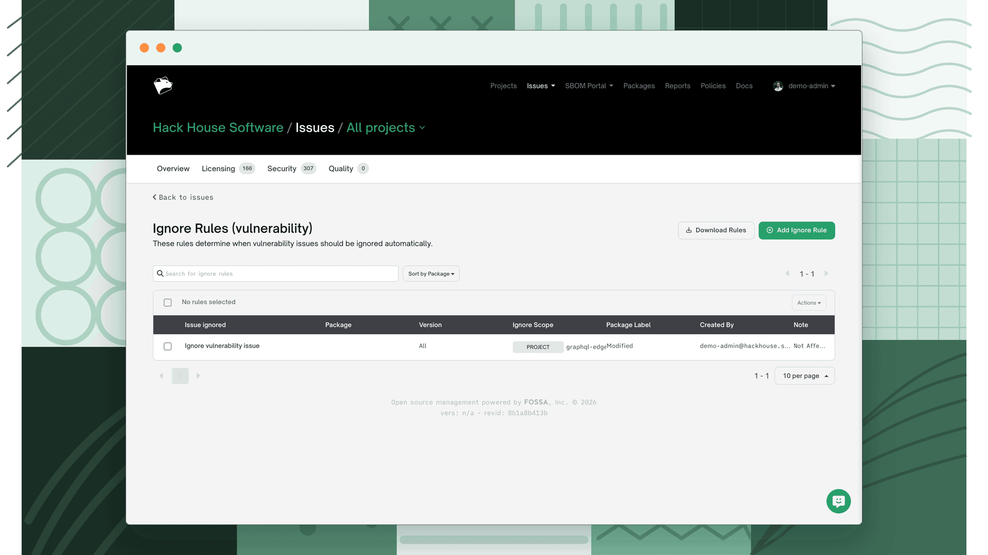 View Ignore Rules page listing an auto-ignore rule with its package, version, scope, package label, creator, and note