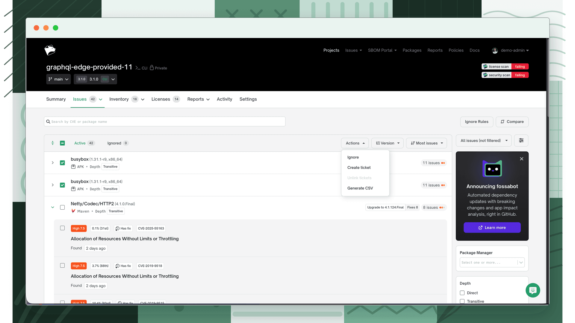 Multiple issues selected with the Actions menu open, showing Ignore, Create ticket, and Generate CSV