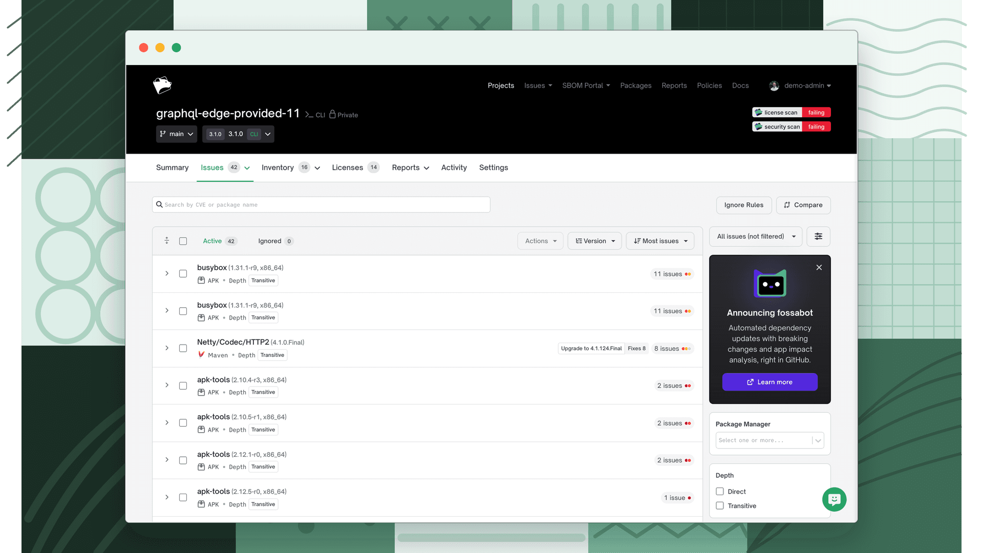Security Issues page showing the Active tab, filter sidebar, and issues list