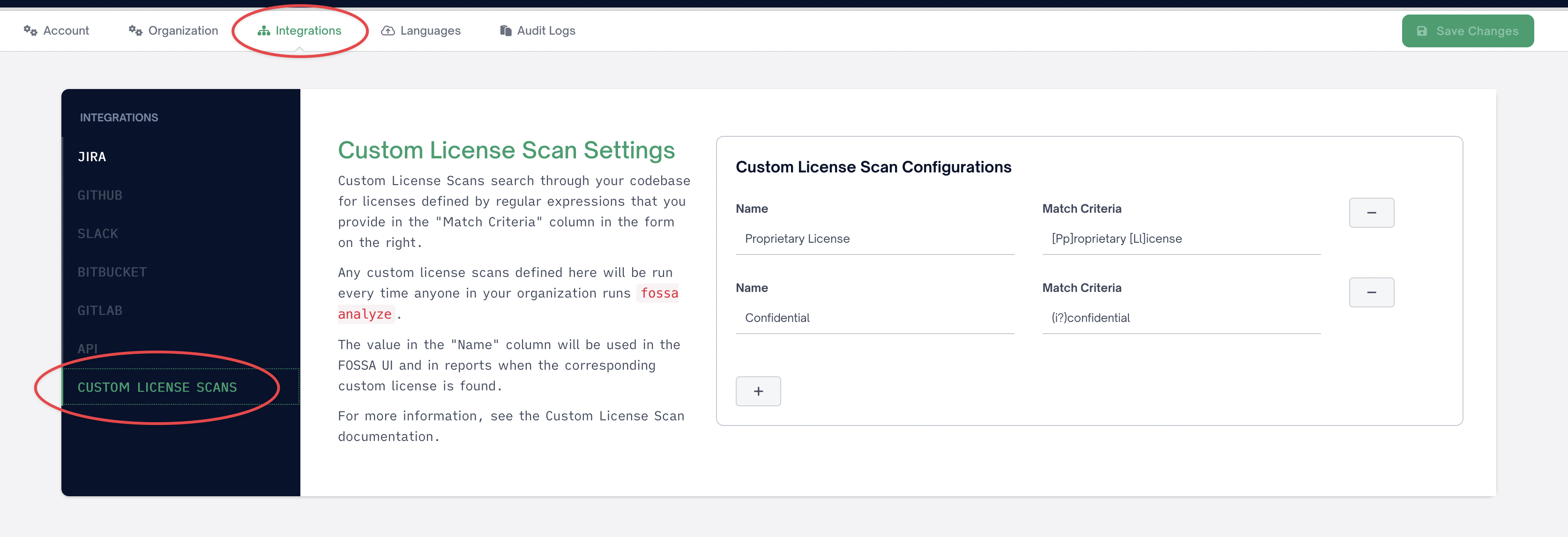 The Custom License Scans settings page