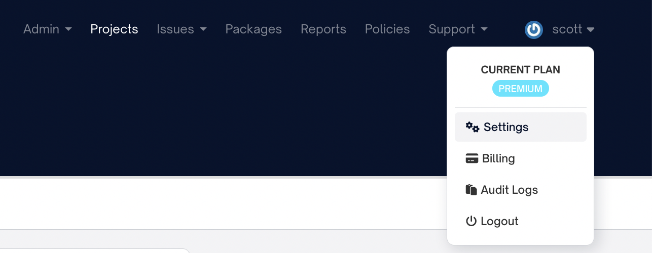 The settings dropdown